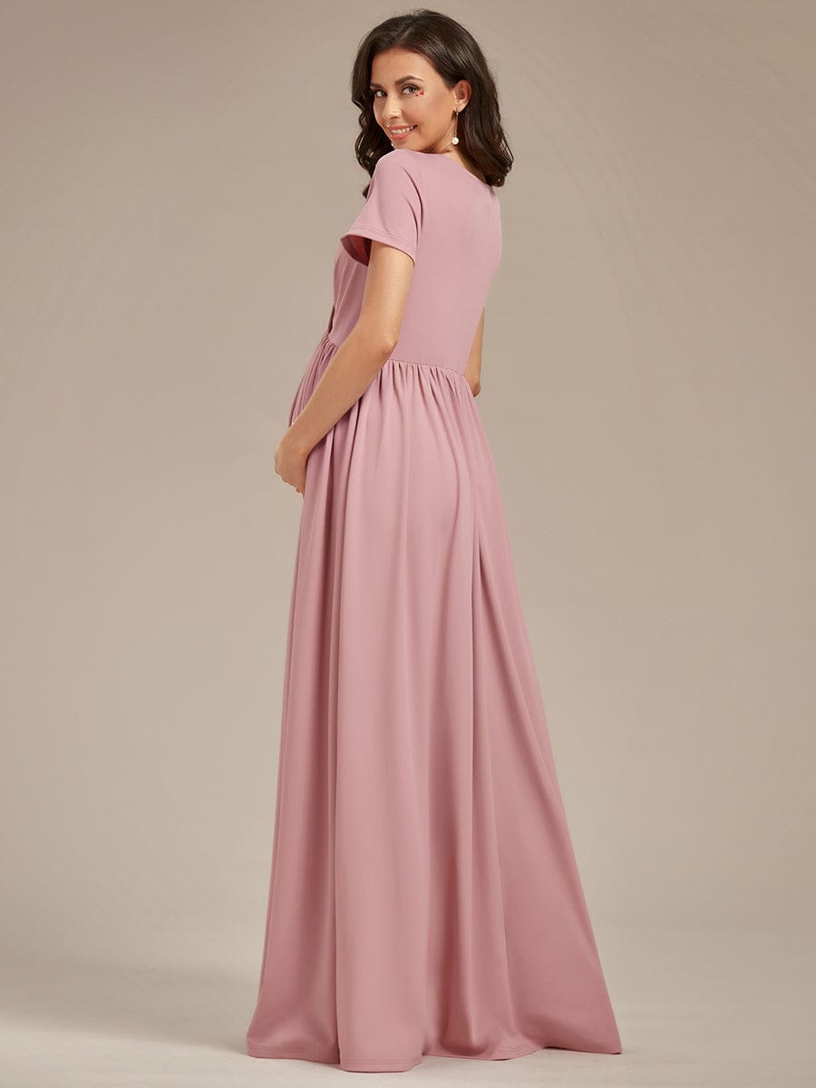 Robe de Maternité Manches courtes Col en V de style A-ligne #Couleur_Rose fumee