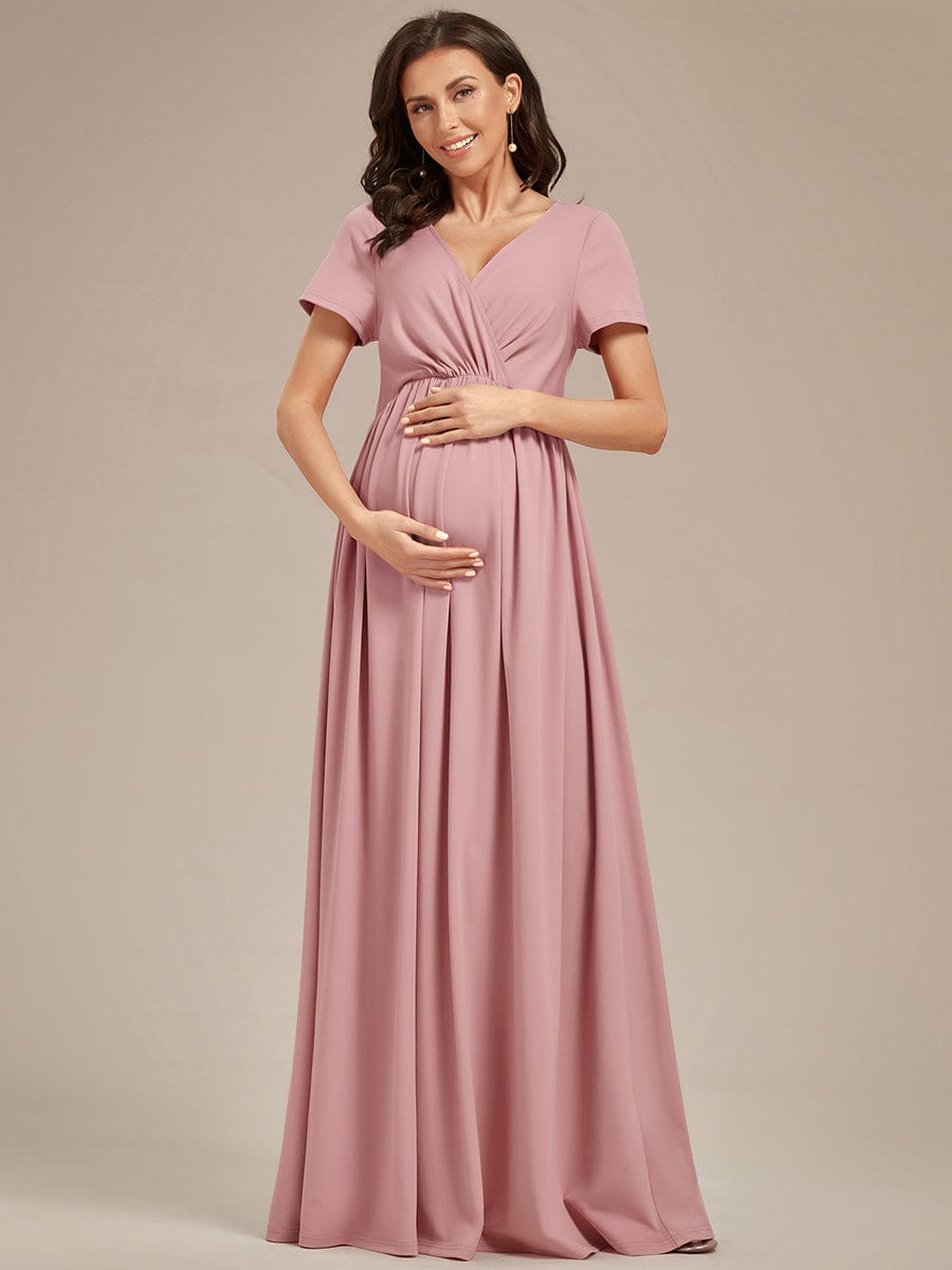 Robe de Maternité Manches courtes Col en V de style A-ligne #Couleur_Rose fumee
