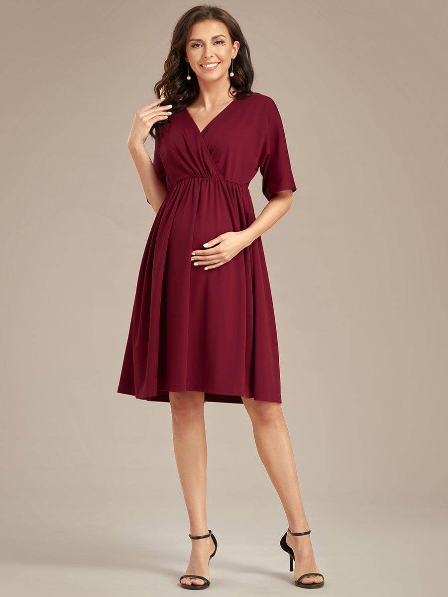 Robe de Maternité lâche Col en V Demi-manches au genou #Couleur_Bordeaux