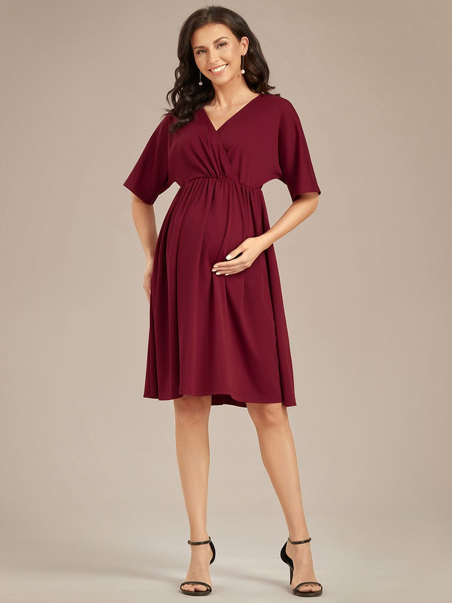 Robe de Maternité lâche Col en V Demi-manches au genou #Couleur_Bordeaux