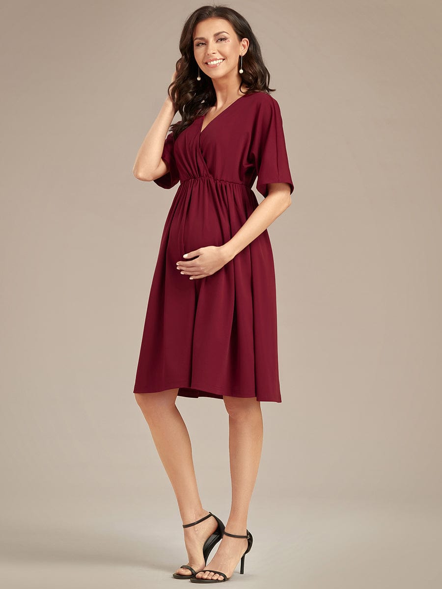 Robe de Maternité lâche Col en V Demi-manches au genou #Couleur_Bordeaux