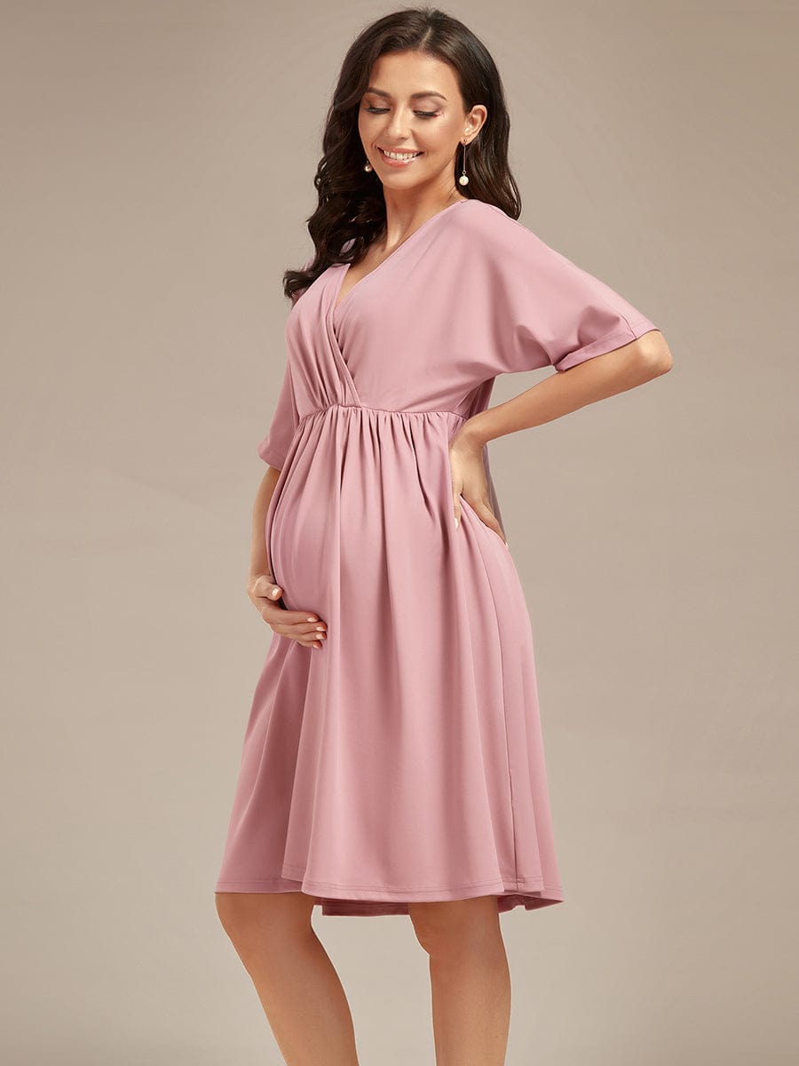 Robe de Maternité lâche Col en V Demi-manches au genou #Couleur_Rose fumee