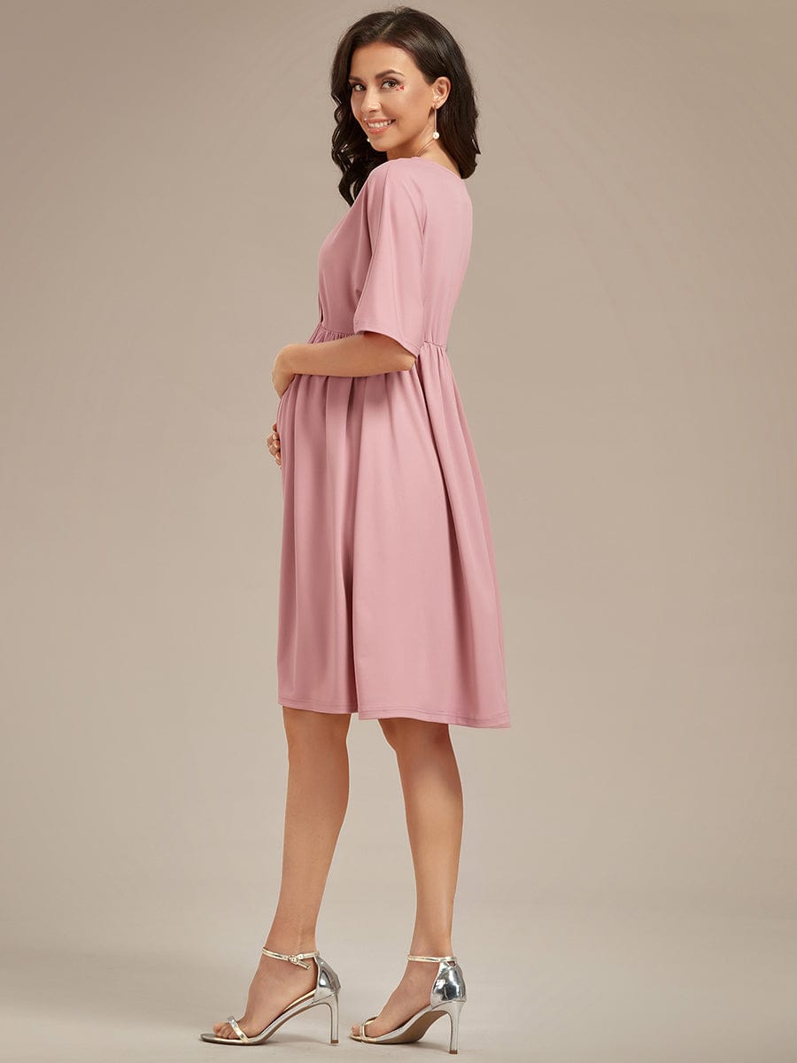 Robe de Maternité lâche Col en V Demi-manches au genou #Couleur_Rose fumee