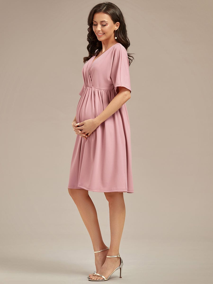 Robe de Maternité lâche Col en V Demi-manches au genou #Couleur_Rose fumee