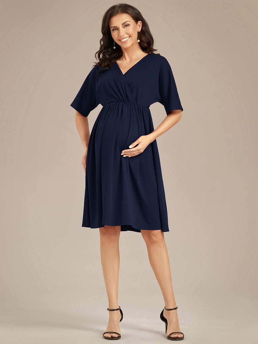 Robe de Maternité lâche Col en V Demi-manches au genou #Couleur_Bleu Marine