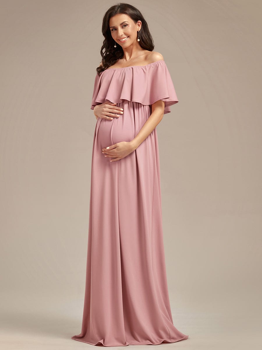 Robe de Maternité évasée flatteuse avec volants épaules dénudées #Couleur_Rose fumee