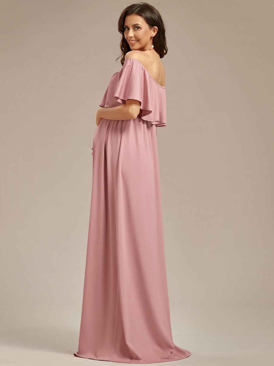 Robe de Maternité évasée flatteuse avec volants épaules dénudées #Couleur_Rose fumee