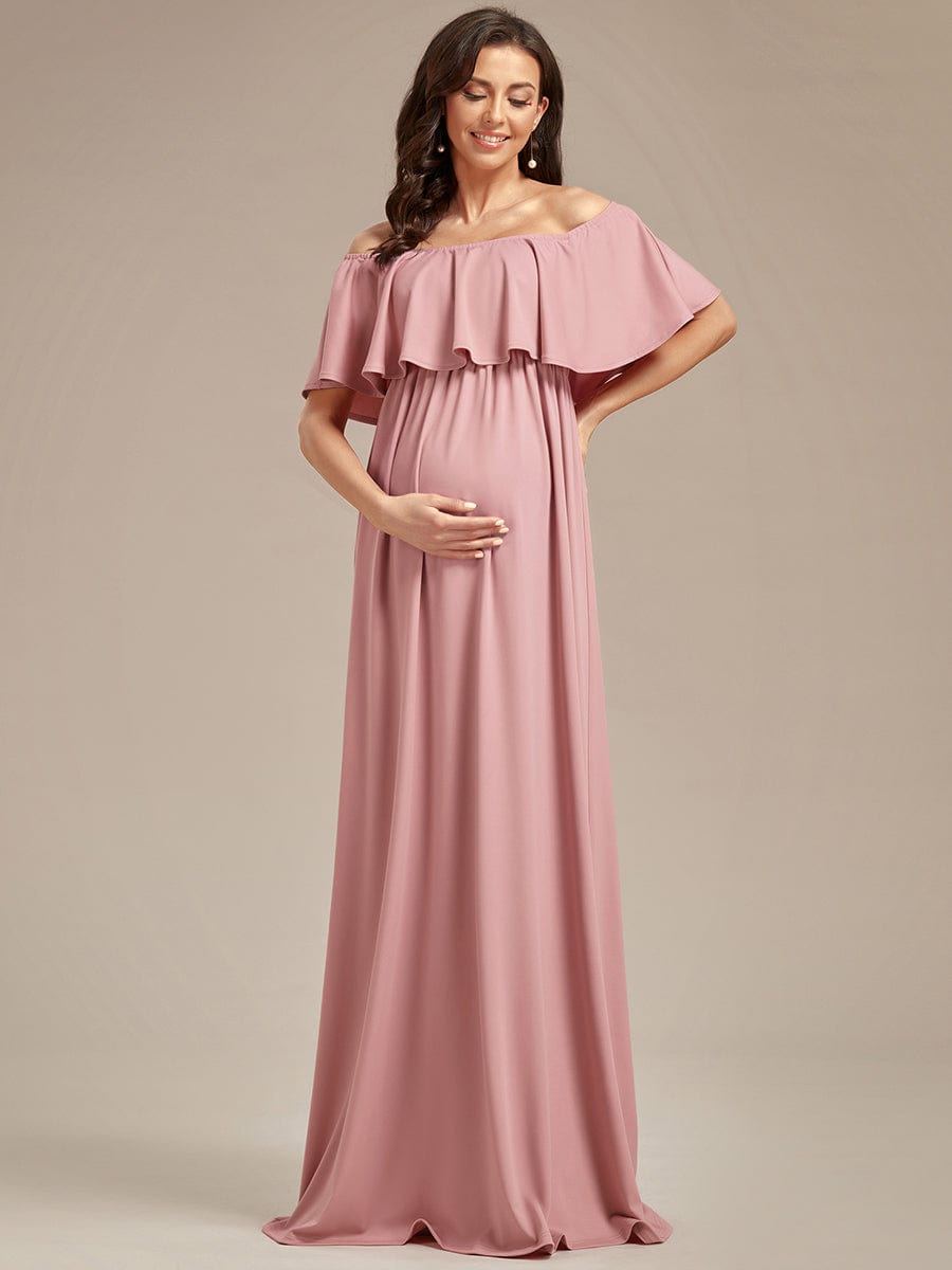 Robe de Maternité évasée flatteuse avec volants épaules dénudées #Couleur_Rose fumee