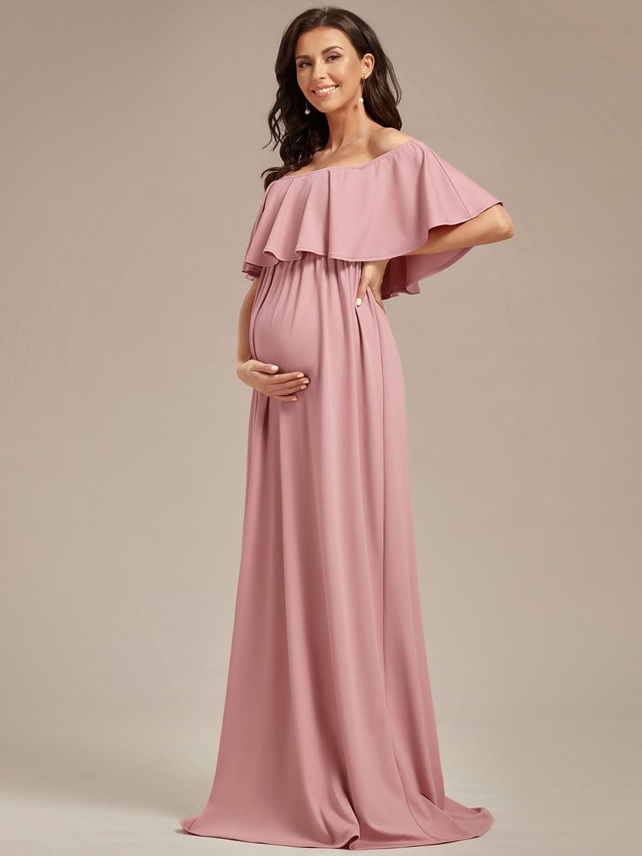 Robe de Maternité évasée flatteuse avec volants épaules dénudées #Couleur_Rose fumee