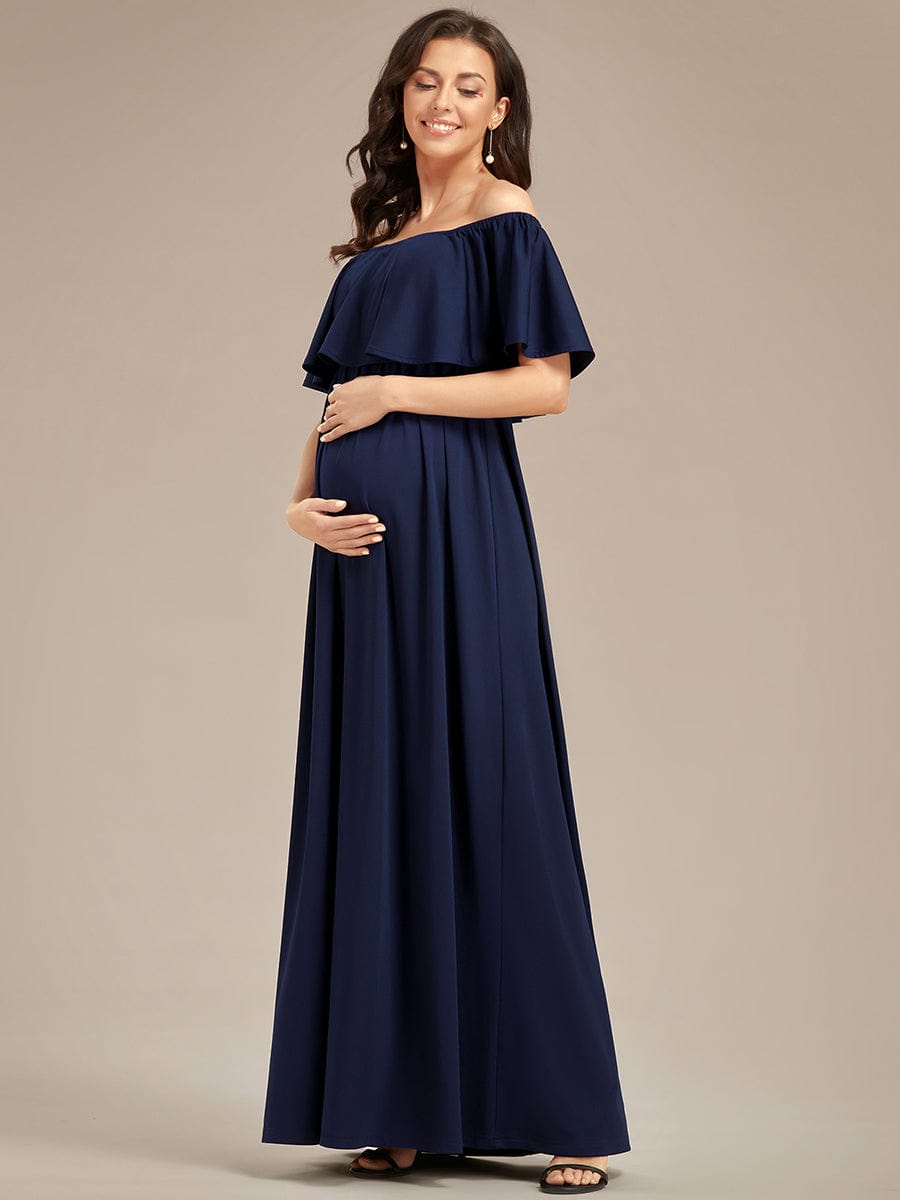 Robe de Maternité évasée flatteuse avec volants épaules dénudées #Couleur_Bleu Marine
