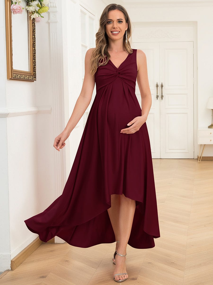 Robe de maternité plissée à encolure en V et sans manches #Couleur_Bordeaux