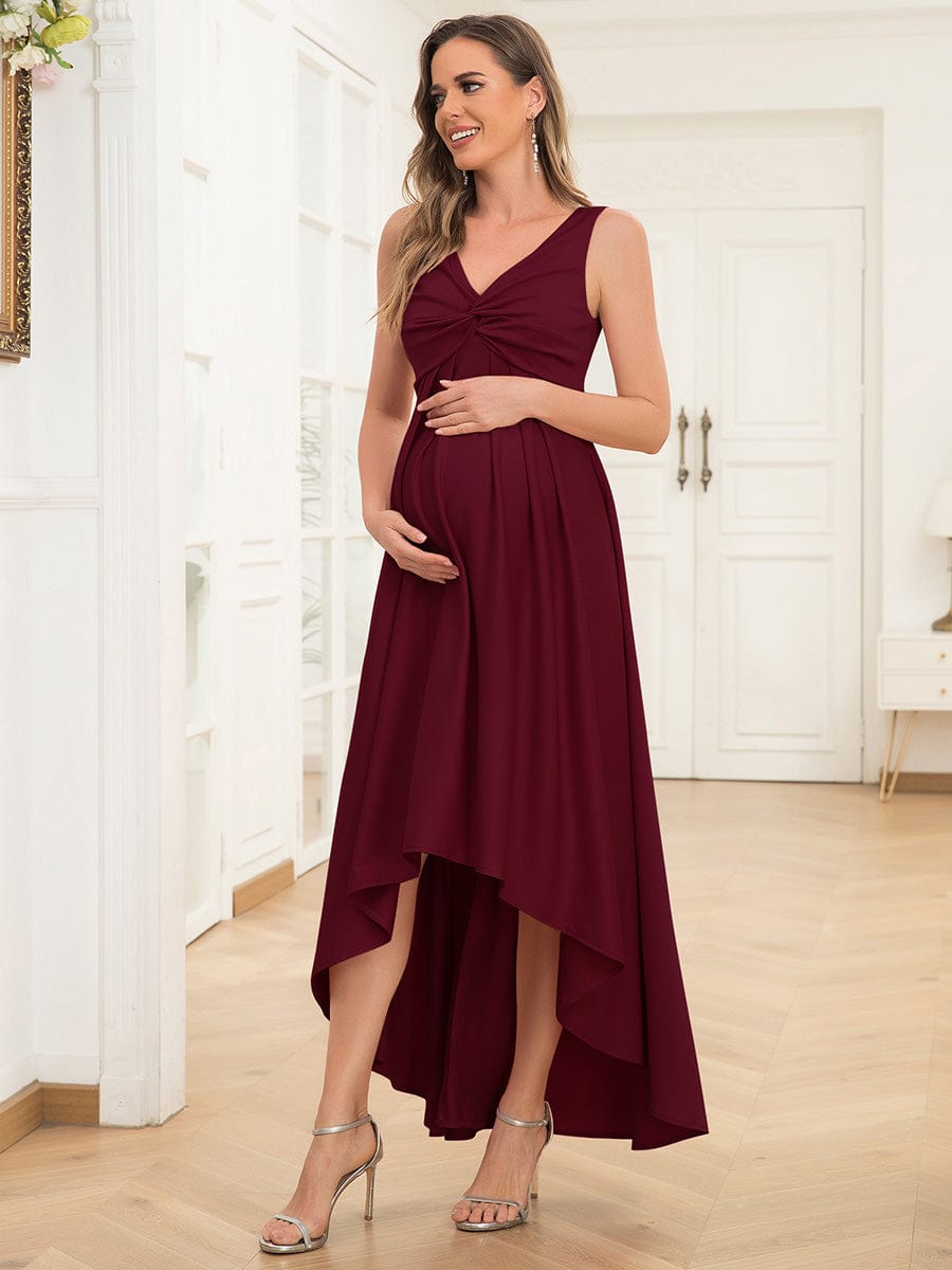 Robe de maternité plissée à encolure en V et sans manches #Couleur_Bordeaux