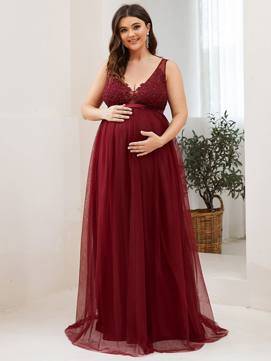 Robe de Grossesse Longue en Dentelle à Double Col en V et en Dentelle de Grande Taille #Couleur_Bordeaux 