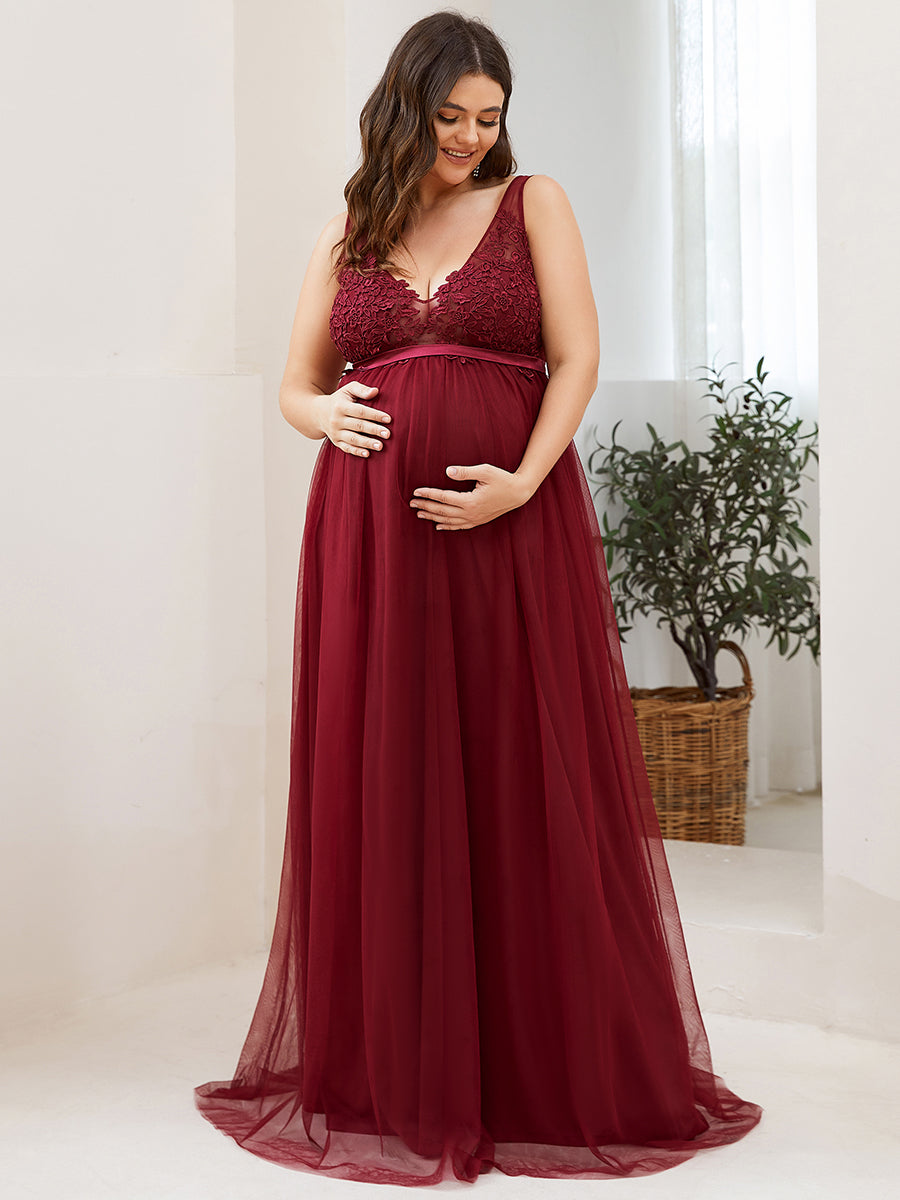 Robe de Grossesse Longue en Dentelle à Double Col en V et en Dentelle de Grande Taille #Couleur_Bordeaux 