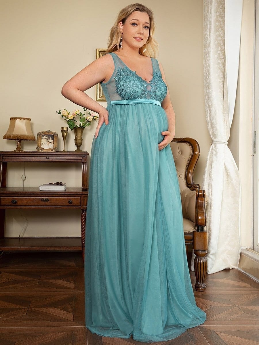 Robe de Grossesse Longue en Dentelle à Double Col en V et en Dentelle de Grande Taille #Couleur_Bleu Fume 