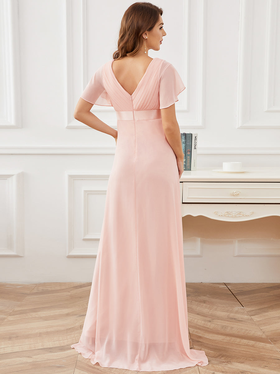 Elégant robe de maternité en mousseline à col V manches volantées corsage plissé et longueur de plancher #Couleur_Rose