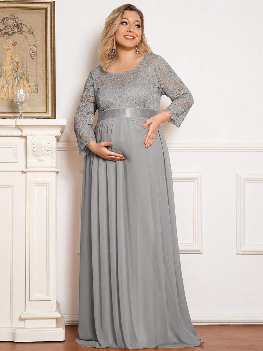 Robe de Maternite Grande Taille a Manches 3 4 en Dentelle Longueur au Sol