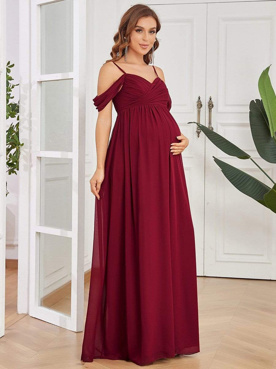 Maxi robe de maternité solide à bretelles spaghetti à épaules dénudées #Couleur_Bordeaux