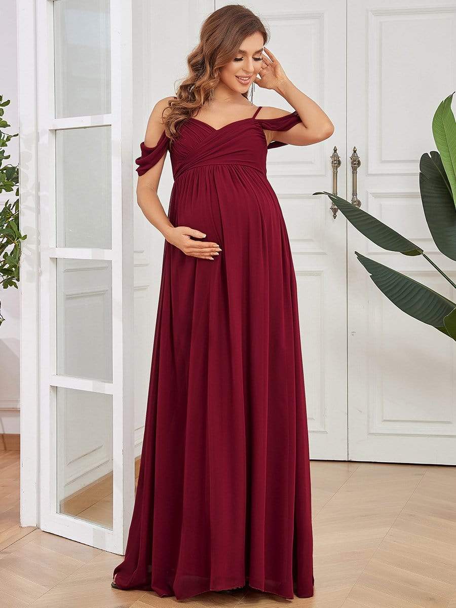 Maxi robe de maternité solide à bretelles spaghetti à épaules dénudées #Couleur_Bordeaux