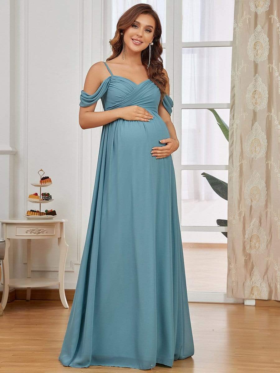 Maxi robe de maternité solide à bretelles spaghetti à épaules dénudées #Couleur_Bleu Fume