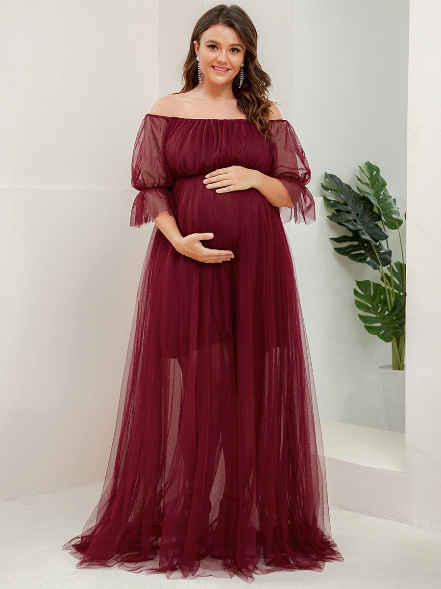 Robe Maxi de Grossesse à Double Jupe en Tulle à Epaules Dénudées de Grande Taille #Couleur_Bordeaux