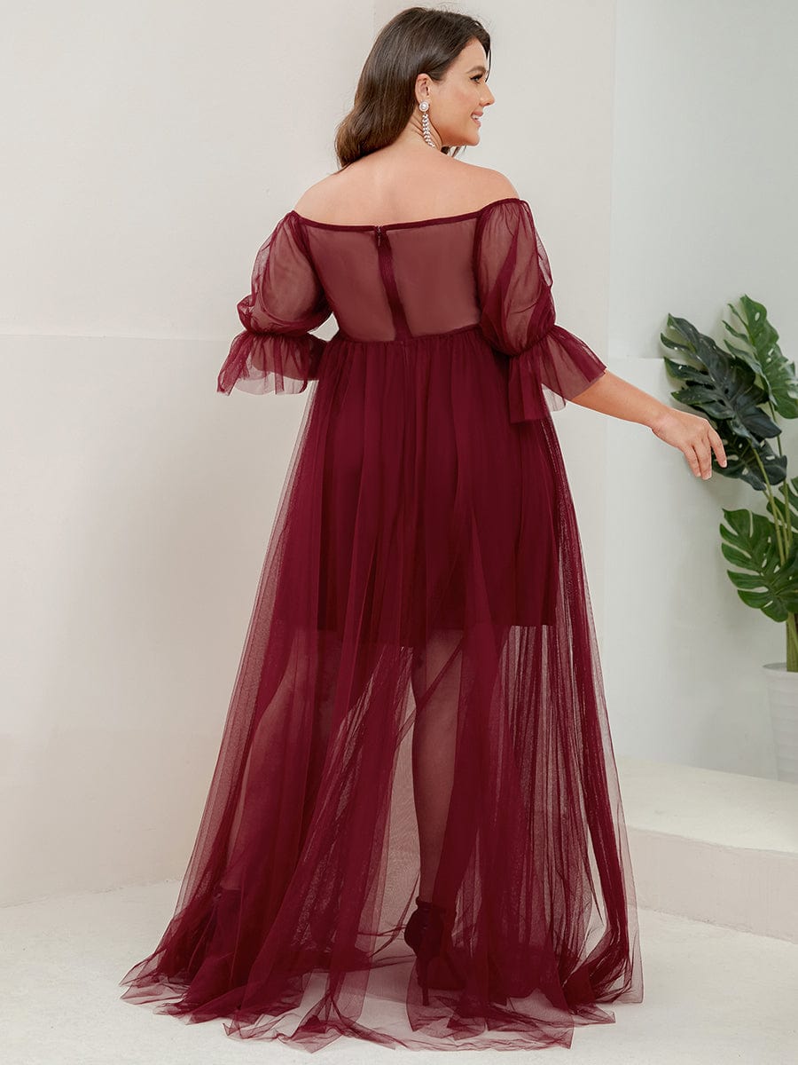 Robe Maxi de Grossesse à Double Jupe en Tulle à Epaules Dénudées de Grande Taille #Couleur_Bordeaux