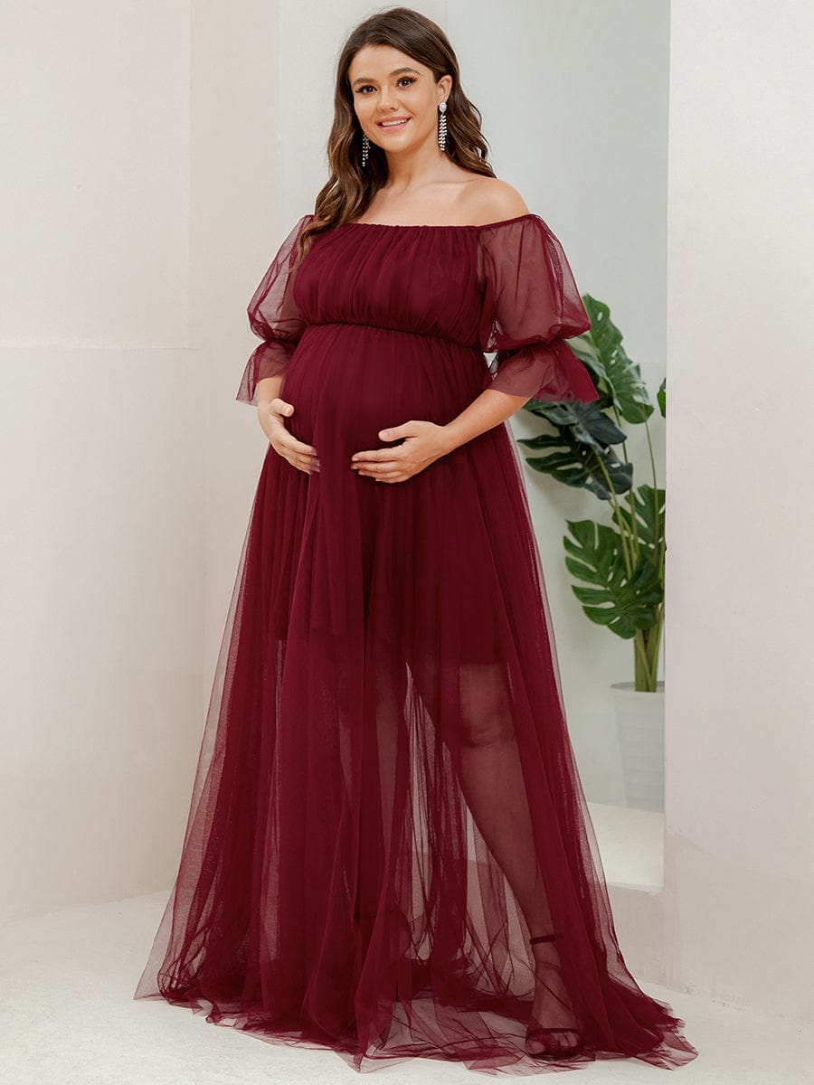 Robe Maxi de Grossesse à Double Jupe en Tulle à Epaules Dénudées de Grande Taille #Couleur_Bordeaux