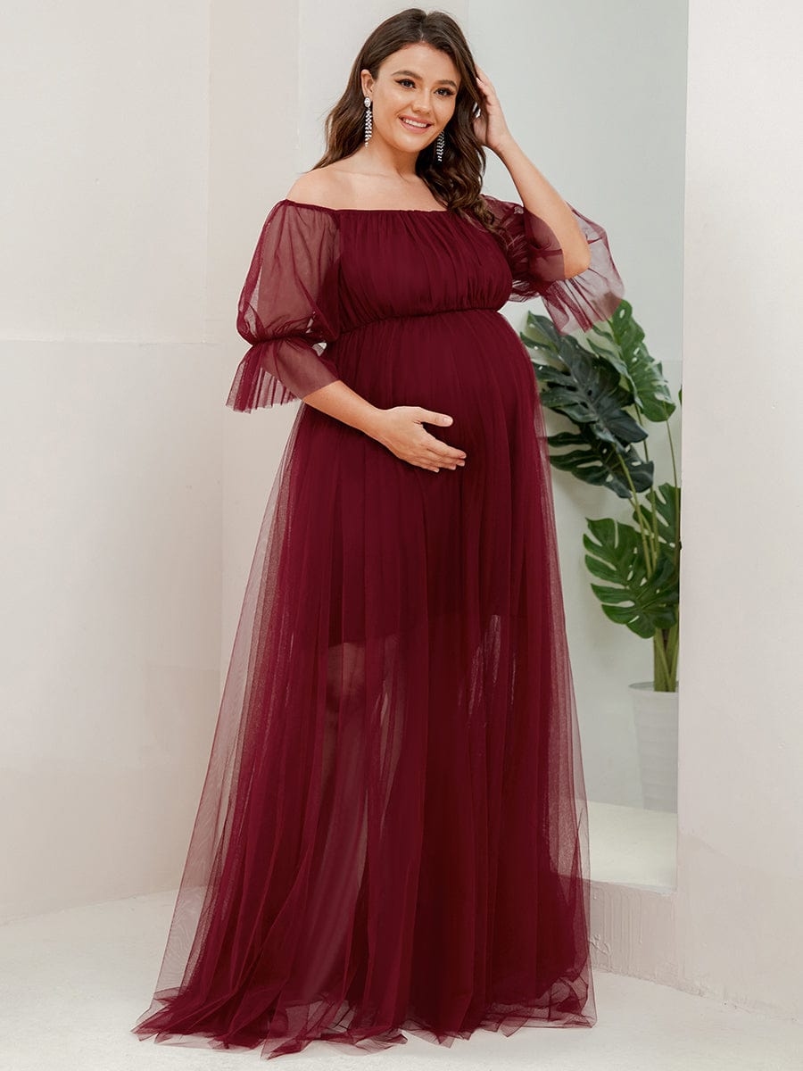 Robe Maxi de Grossesse à Double Jupe en Tulle à Epaules Dénudées de Grande Taille #Couleur_Bordeaux