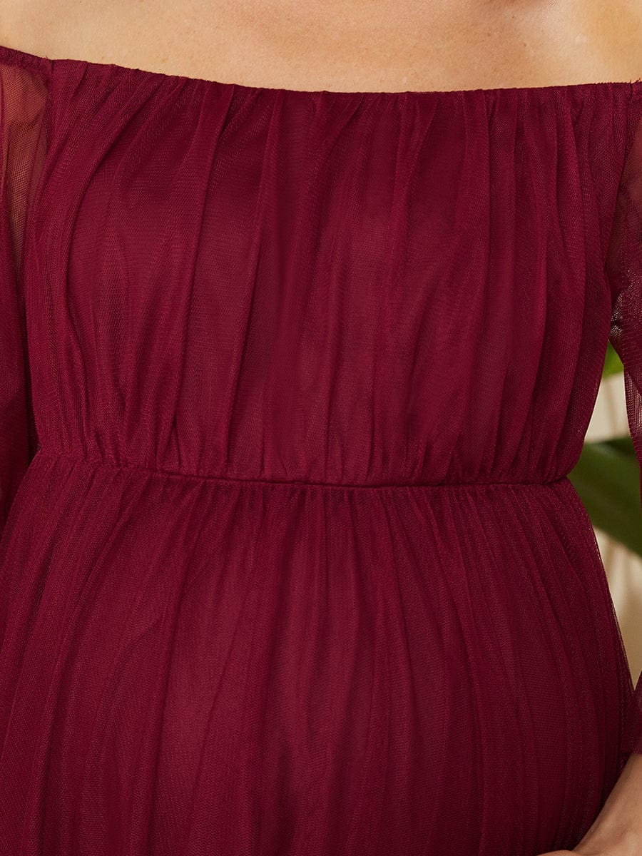 Robe Maxi de Grossesse à Double Jupe en Tulle à Epaules Dénudées de Grande Taille #Couleur_Bordeaux