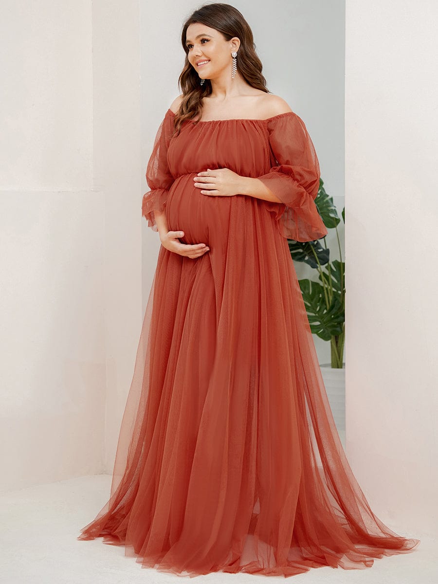 Robe Maxi de Grossesse à Double Jupe en Tulle à Epaules Dénudées de Grande Taille #Couleur_Burnt Orange