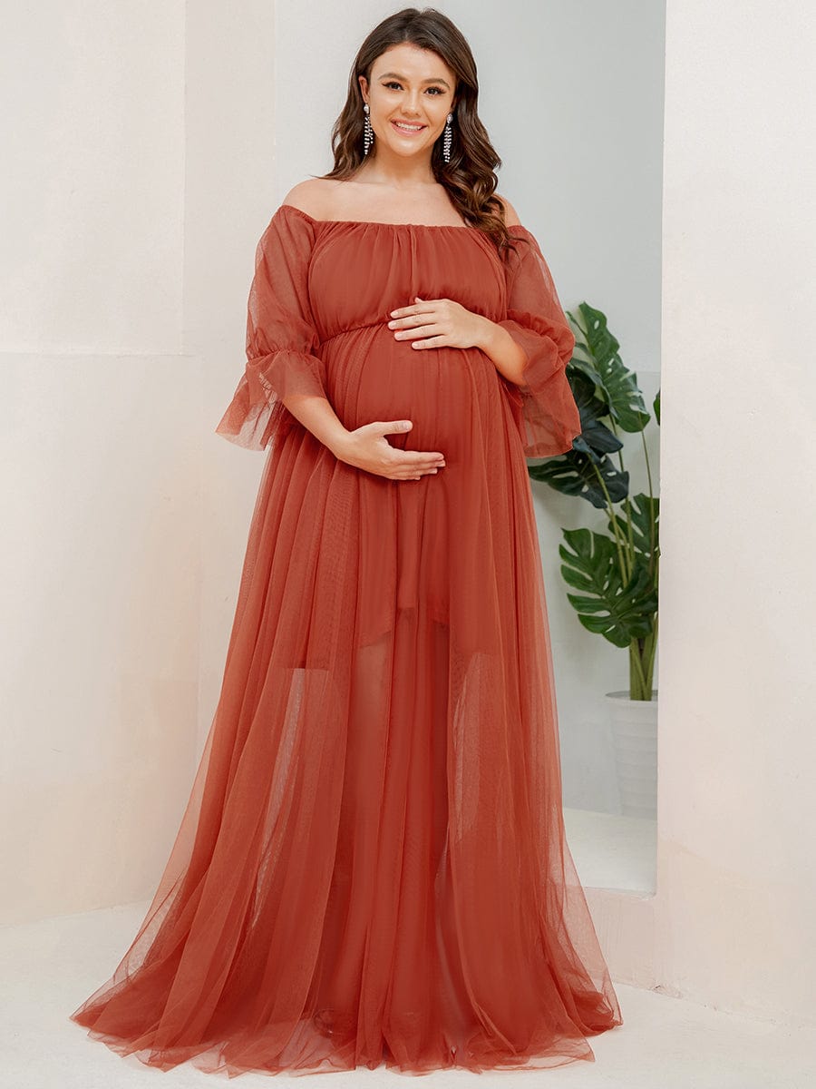 Robe Maxi de Grossesse à Double Jupe en Tulle à Epaules Dénudées de Grande Taille #Couleur_Burnt Orange