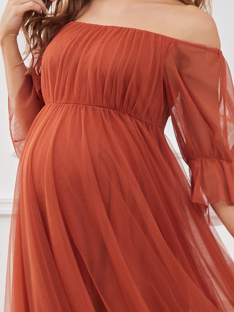 Robe Maxi de Grossesse à Double Jupe en Tulle à Epaules Dénudées de Grande Taille #Couleur_Burnt Orange