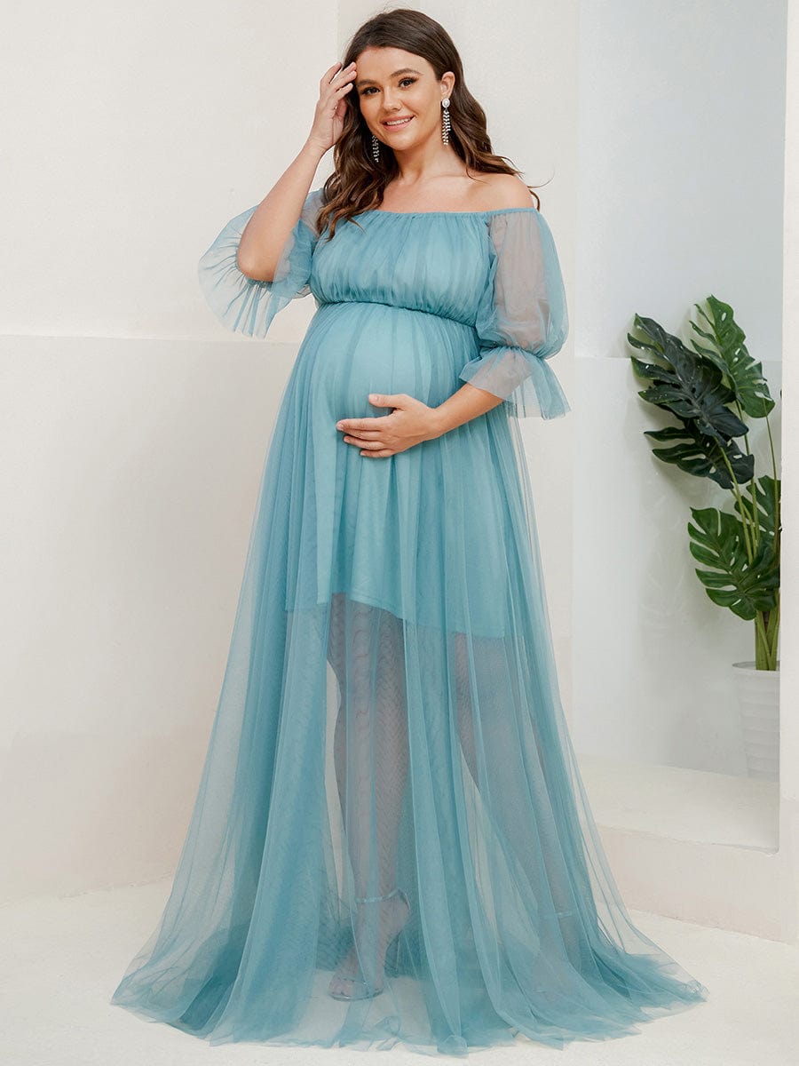 Robe Maxi de Grossesse à Double Jupe en Tulle à Epaules Dénudées de Grande Taille #Couleur_Bleu Fume