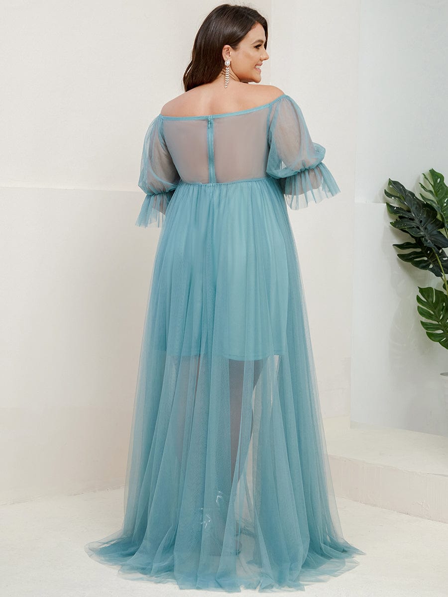 Robe Maxi de Grossesse à Double Jupe en Tulle à Epaules Dénudées de Grande Taille #Couleur_Bleu Fume