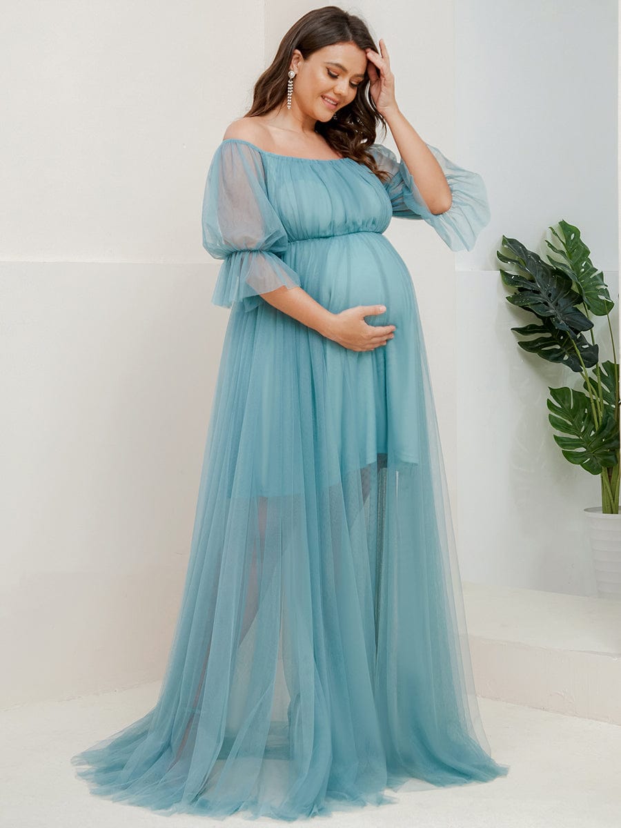 Robe Maxi de Grossesse à Double Jupe en Tulle à Epaules Dénudées de Grande Taille #Couleur_Bleu Fume