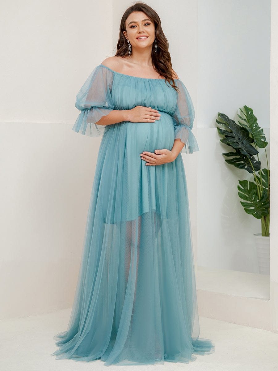 Robe Maxi de Grossesse à Double Jupe en Tulle à Epaules Dénudées de Grande Taille #Couleur_Bleu Fume