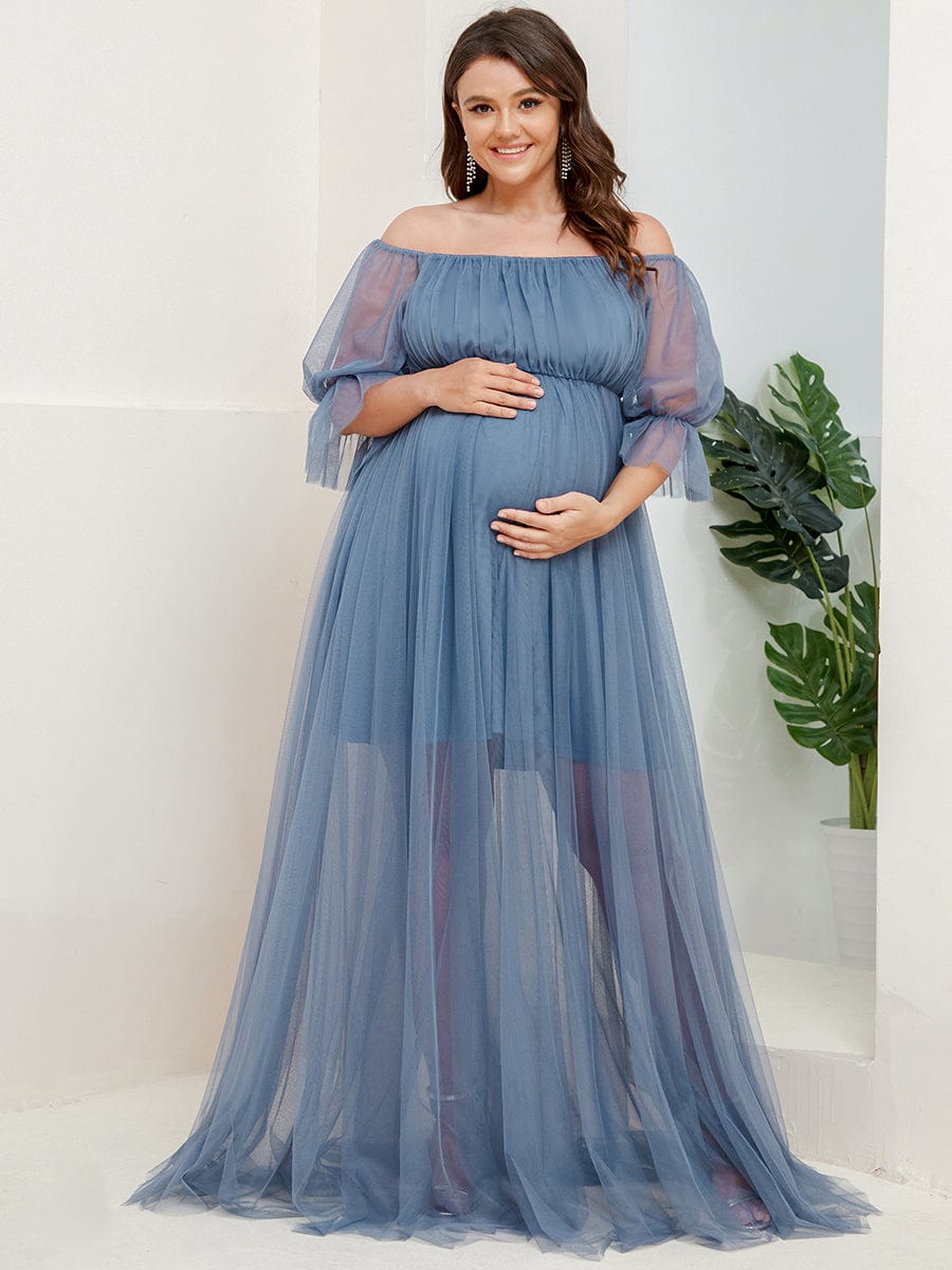 Robe Maxi de Grossesse à Double Jupe en Tulle à Epaules Dénudées de Grande Taille #Couleur_Marine Fume