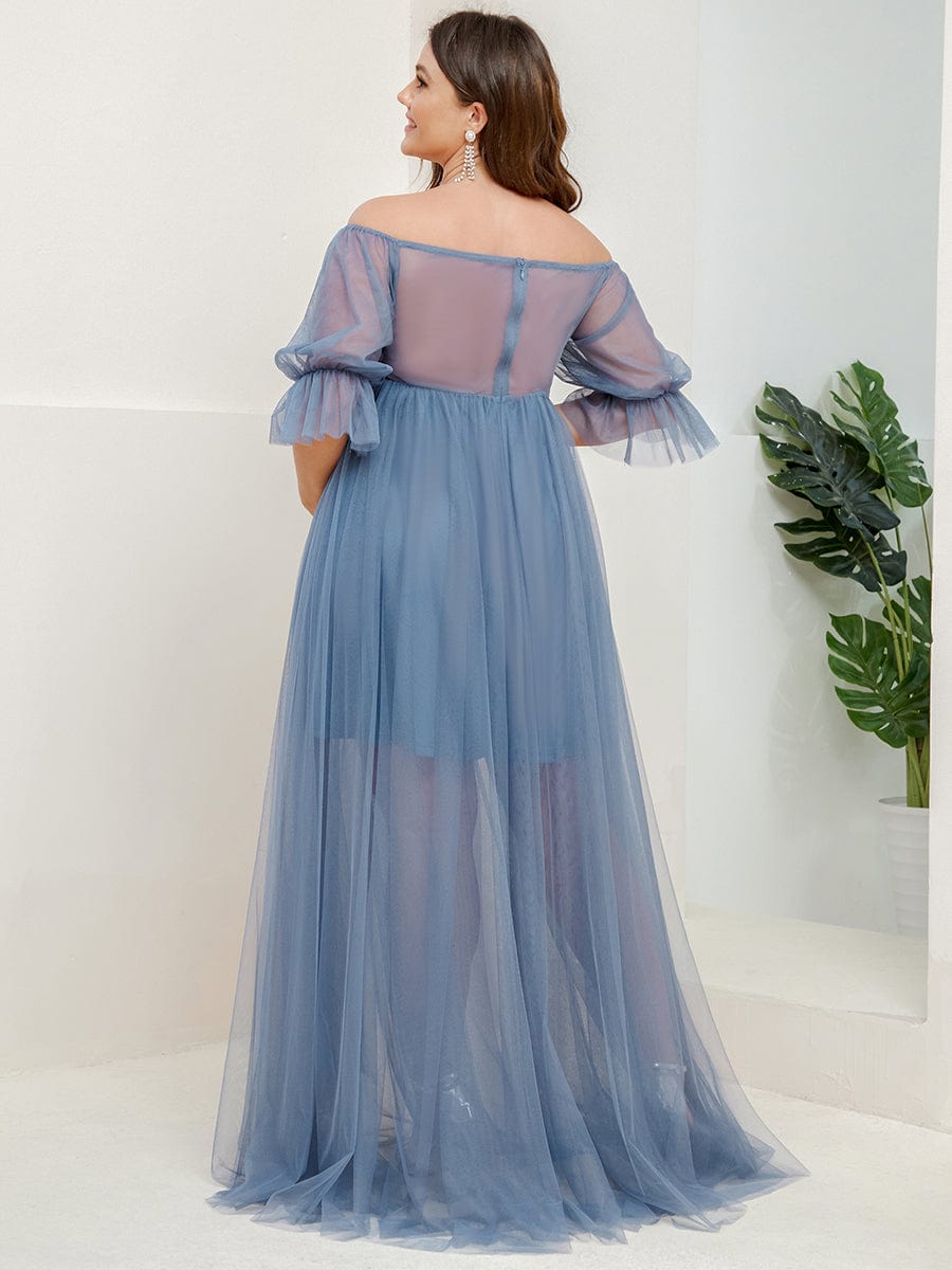 Robe Maxi de Grossesse à Double Jupe en Tulle à Epaules Dénudées de Grande Taille #Couleur_Marine Fume