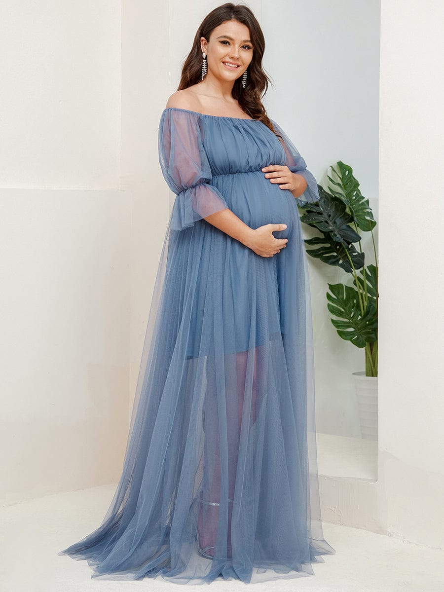 Robe Maxi de Grossesse à Double Jupe en Tulle à Epaules Dénudées de Grande Taille #Couleur_Marine Fume