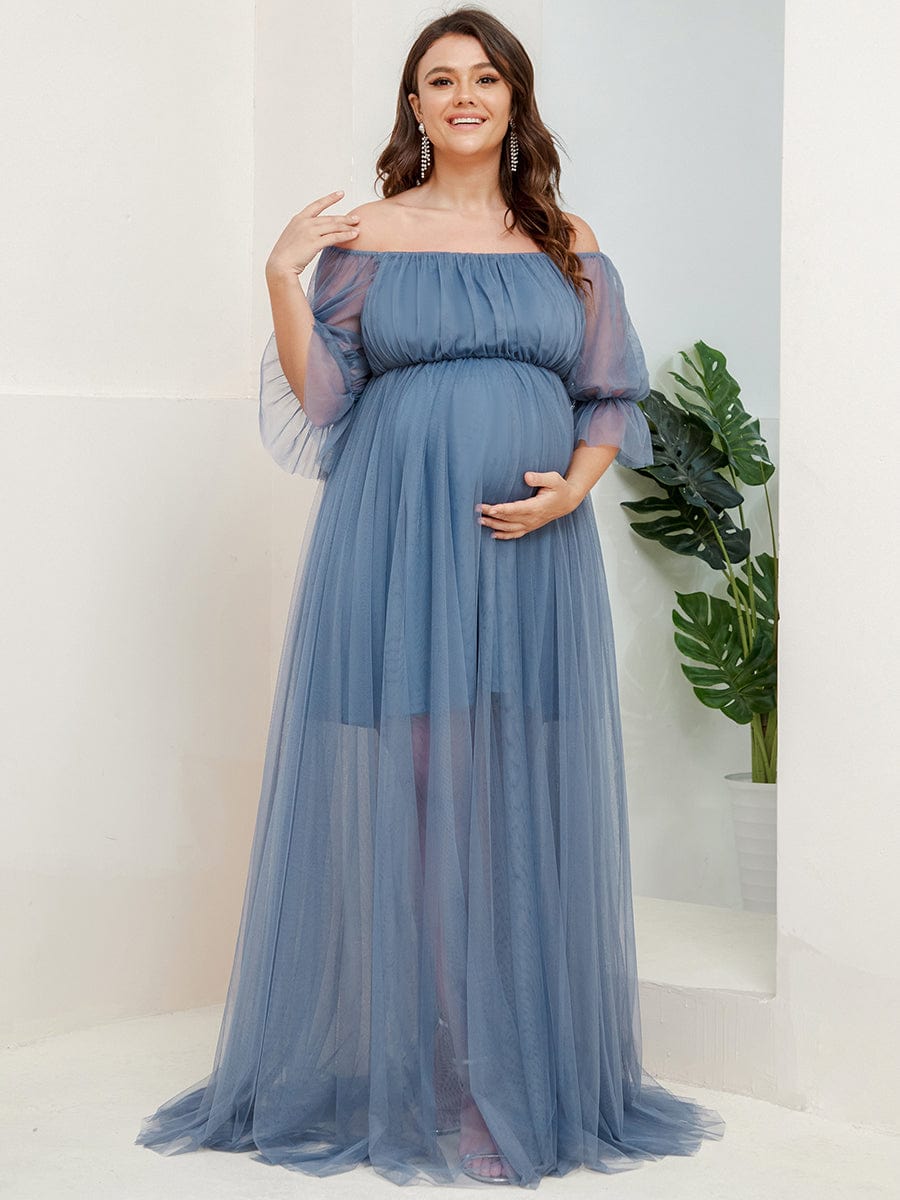 Robe Maxi de Grossesse à Double Jupe en Tulle à Epaules Dénudées de Grande Taille #Couleur_Marine Fume