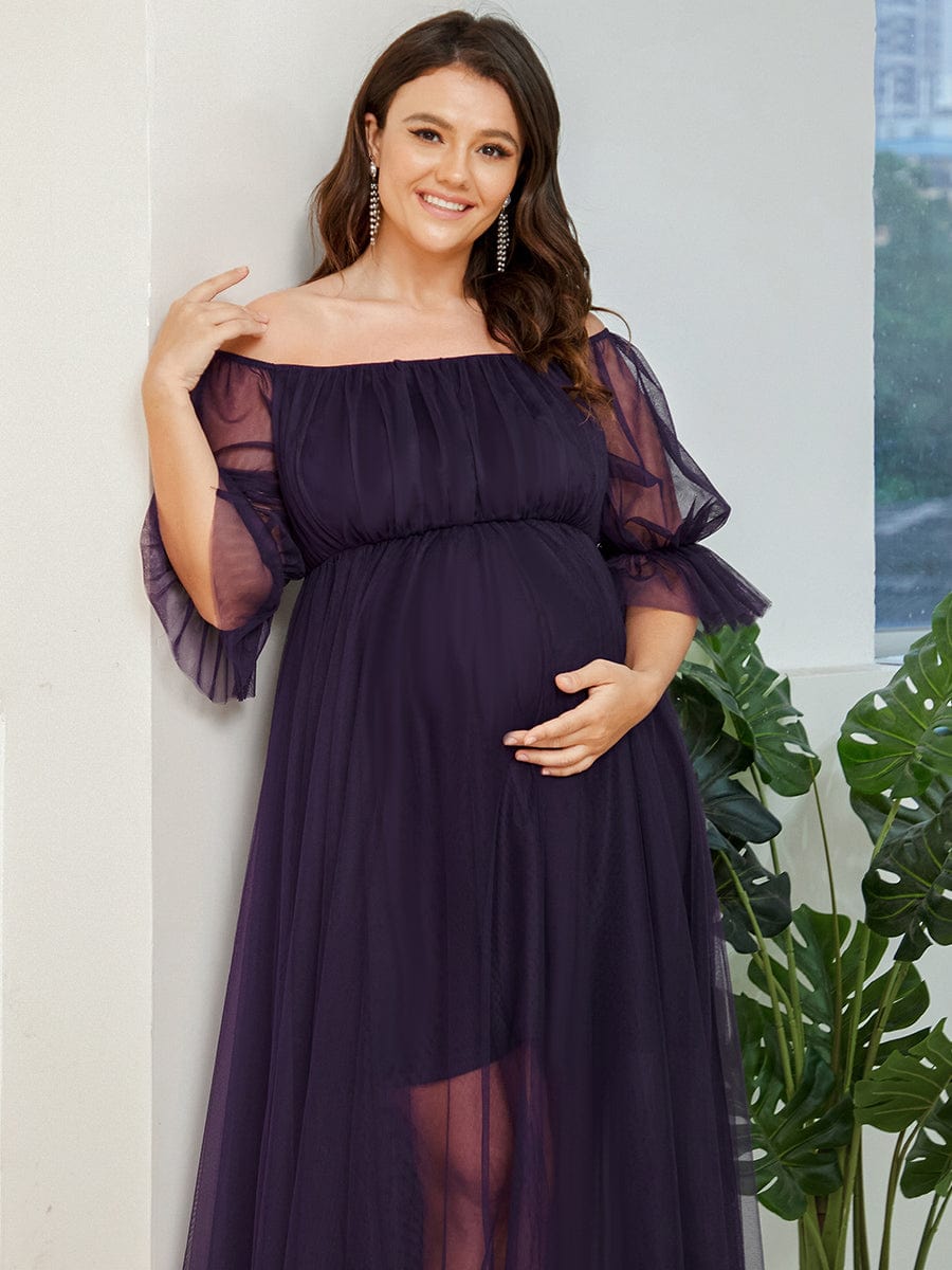 Robe Maxi de Grossesse à Double Jupe en Tulle à Epaules Dénudées de Grande Taille #Couleur_Violet Fonce