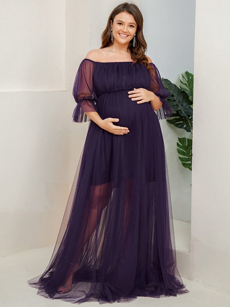 Robe Maxi de Grossesse à Double Jupe en Tulle à Epaules Dénudées de Grande Taille #Couleur_Violet Fonce