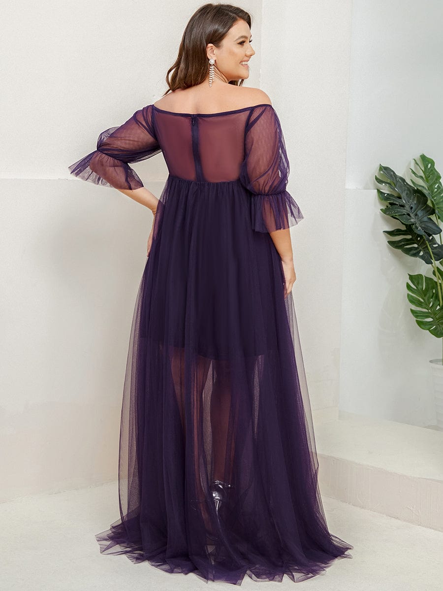 Robe Maxi de Grossesse à Double Jupe en Tulle à Epaules Dénudées de Grande Taille #Couleur_Violet Fonce