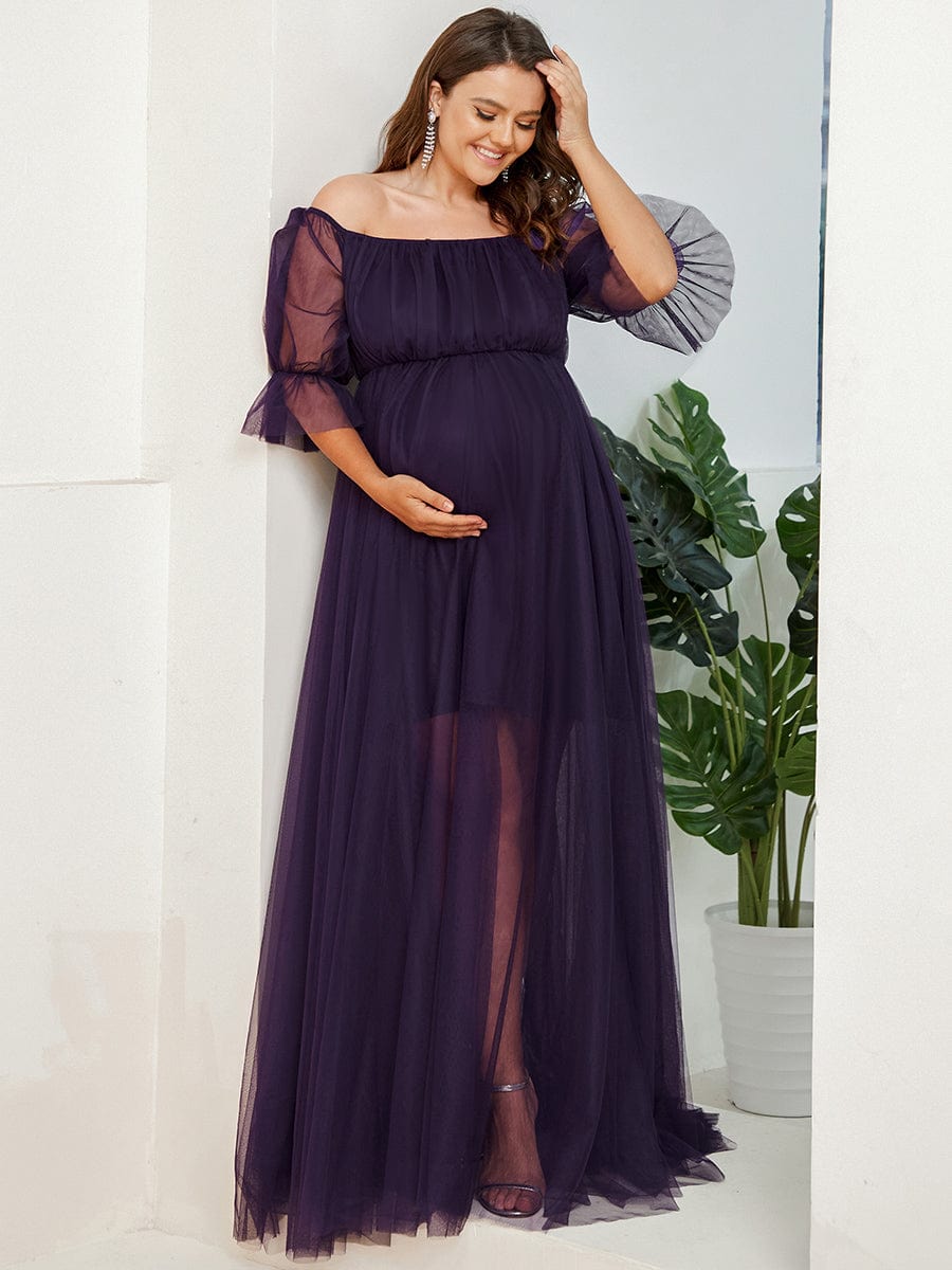 Robe Maxi de Grossesse à Double Jupe en Tulle à Epaules Dénudées de Grande Taille #Couleur_Violet Fonce