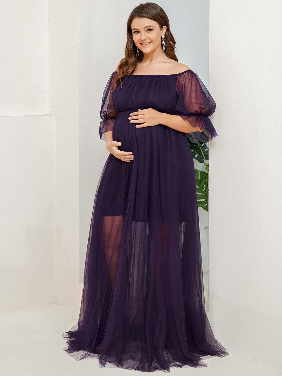 Robe Maxi de Grossesse à Double Jupe en Tulle à Epaules Dénudées de Grande Taille #Couleur_Violet Fonce