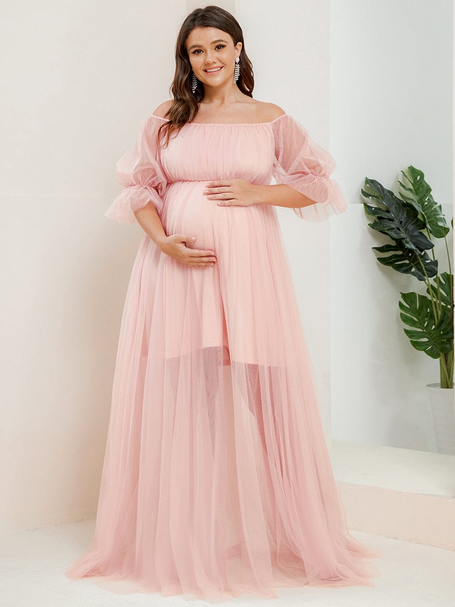 Robe Maxi de Grossesse à Double Jupe en Tulle à Epaules Dénudées de Grande Taille #Couleur_Rose