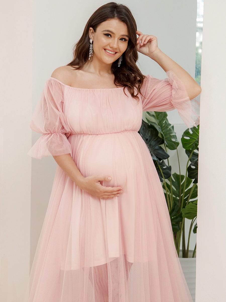 Robe Maxi de Grossesse à Double Jupe en Tulle à Epaules Dénudées de Grande Taille #Couleur_Rose