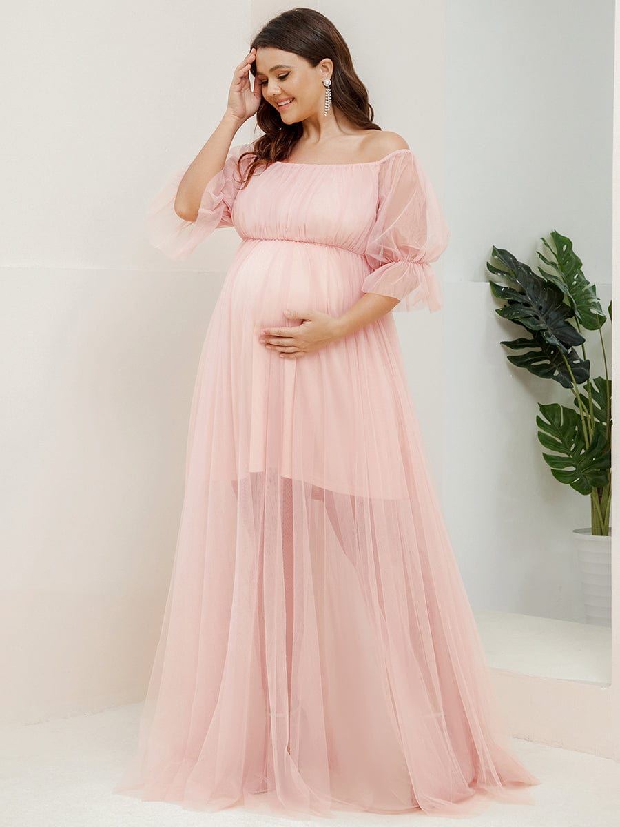 Robe Maxi de Grossesse à Double Jupe en Tulle à Epaules Dénudées de Grande Taille #Couleur_Rose