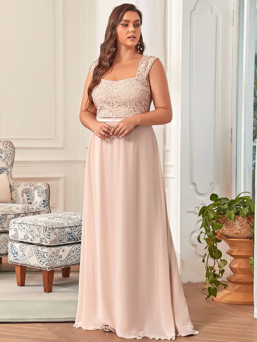 Robe de demoiselle d'honneur longue en mousseline de soie élégante de grande taille avec corsage en dentelle #Couleur_Blush