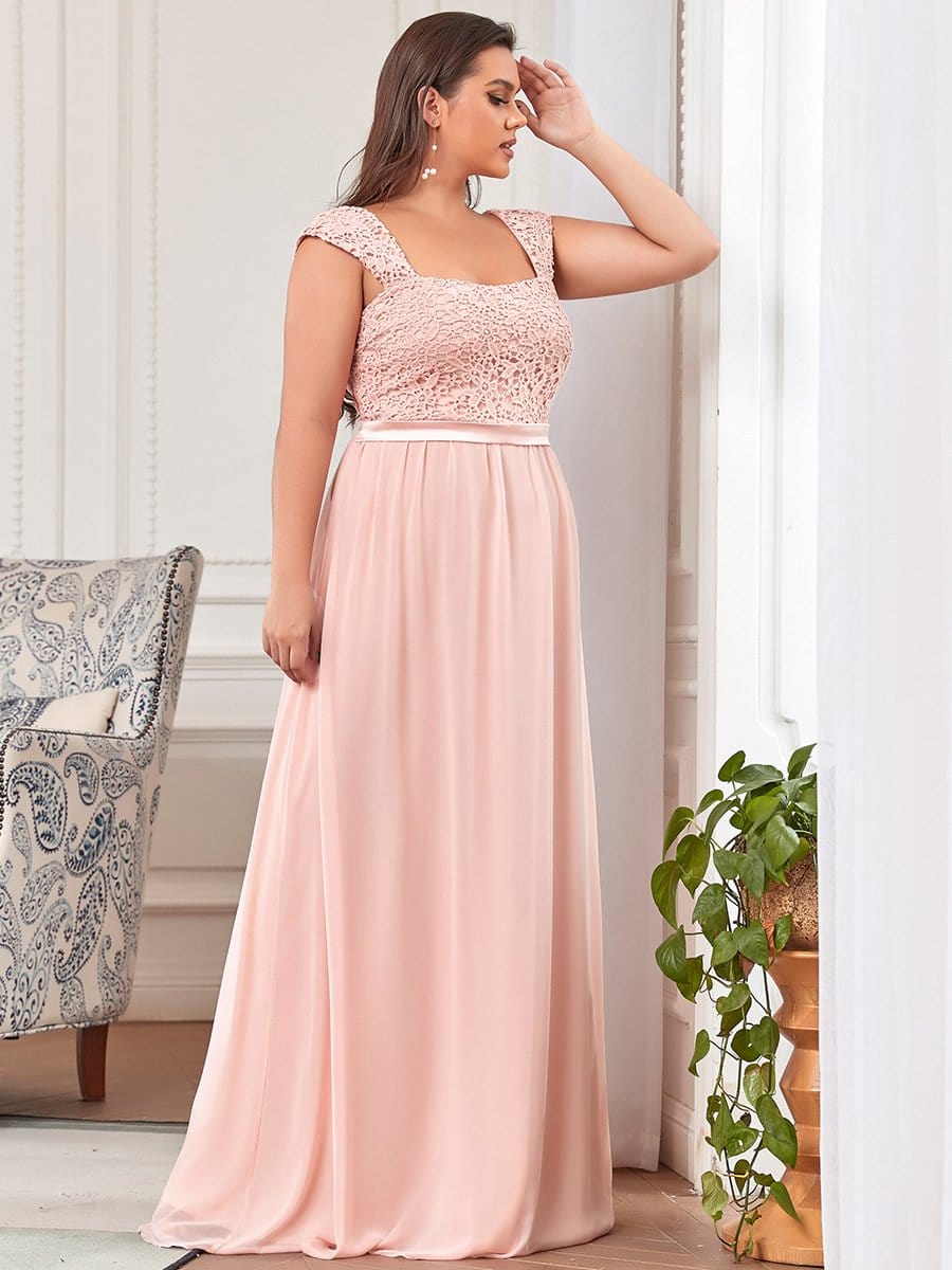 Robe de demoiselle d'honneur longue en mousseline de soie élégante de grande taille avec corsage en dentelle #Couleur_Rose